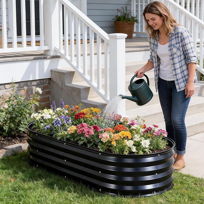 Galvanized Raised Garden Bed Outdoor, 2Pcs 4x2x1ft Oval Planter Box with Rubber Strip,Metal Raised Bed Kit for Vegetables Flowers Herbs, Grey