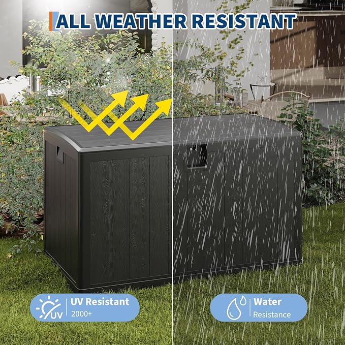 130 Gallon Resin Deck Box, Waterproof & Lockable Patio Storage Box with Hydraulic Lid for Outdoor Garden Tools, Pool Accessories & Cushions