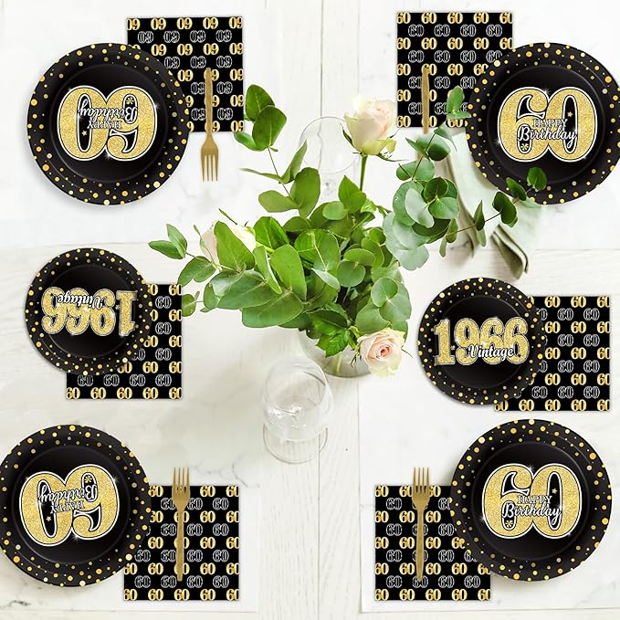 96PCS 60th Theme Birthday Party Tableware Vintage 1966 Party Supplies 60 Year Old Birthday Party Decorations Plates Napkins Forks Black and Gold Dinnerware Favors for Men or Women