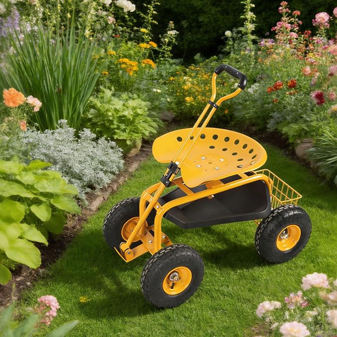Rolling Garden Cart - Outdoor Workseat with Wheels, Heavy Duty Garden Tool Cart with Storage Bracket and Tool Tray for Yard, Planting Gardening Work (Yellow)