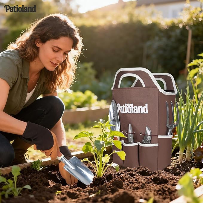 10-Piece Garden Tool Set, Brown Gardening Hand Tools Kit with Ergonomic Non-Slip Handles, Heavy Duty Rust-Proof Aluminum Tools, Organizer Tote Bag & Gloves, Ideal Gardening Gifts for Women and Men