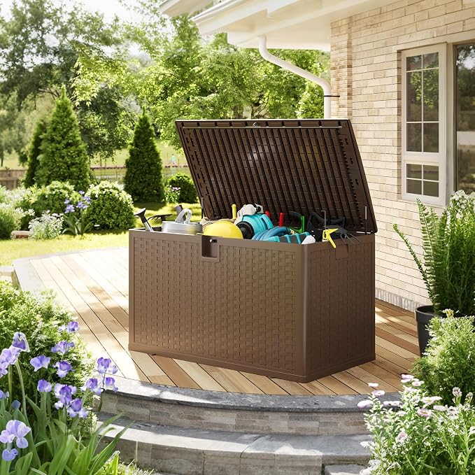 IDEALHOUSE 120 Gallon Resin Deck Box, Waterproof Outdoor Storage Box with Lockable Lid & UV Resistant, Patio Furniture Cushion Storage Container for Garden, Backyard, Poolside (Brown)
