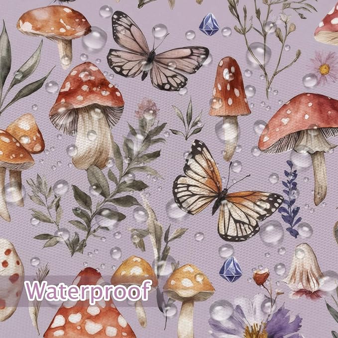 Purple Cute Musrhoom Shower Curtain, Rustic Boho Floral Fabric Shower Curtains for Bathroom, Vintage Chic Wildflower Butterfly Cloth Fairy Witchy Botanical Shower Curtain Set with Hooks 72X72 Inch