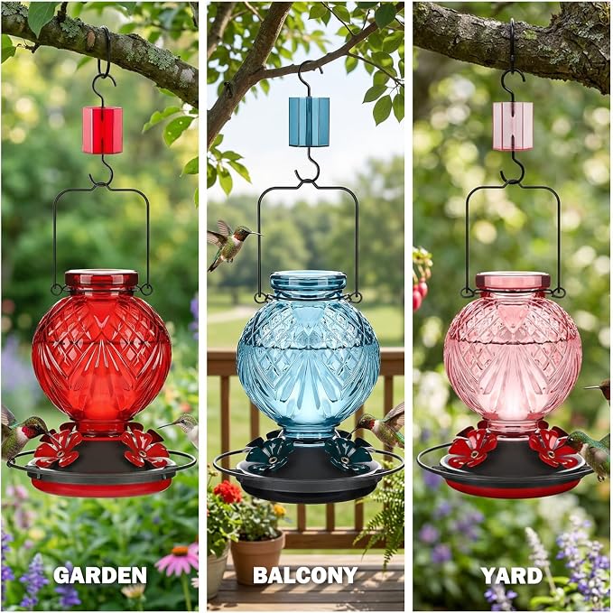 Glass Hummingbird Feeder for Outdoors Hanging, 20oz Bird Nectar Feeder with 4 Bee Guard Flower-Shaped Feeding Ports & Built-in Ant Moat, Easy to Clean, for Bird Lover,2 Pack,Red
