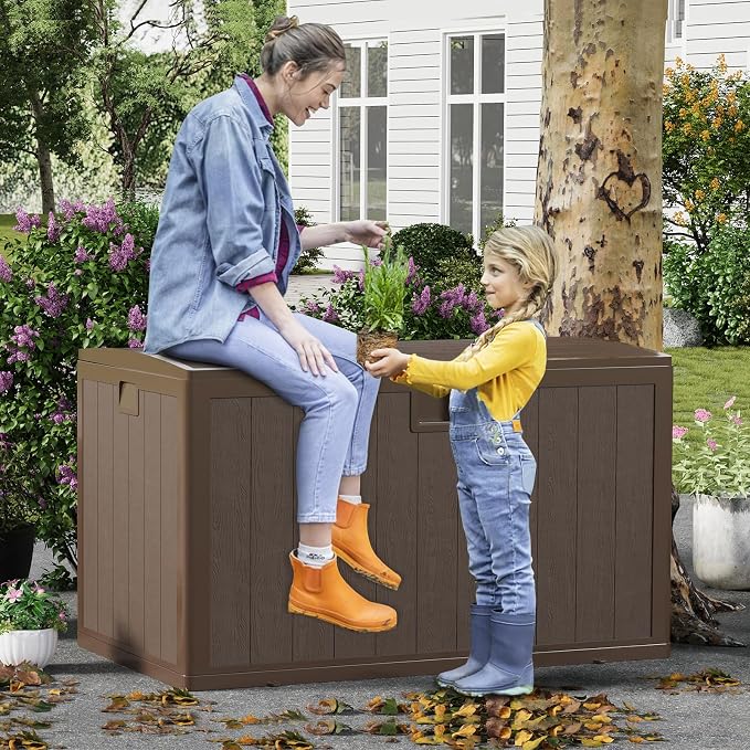 IDEALHOUSE 130 Gallon Resin Deck Box, Waterproof Outdoor Storage Box with Lockable Lid & UV Resistant, Patio Furniture Cushion Storage Container for Garden, Backyard, Poolside (Brown)