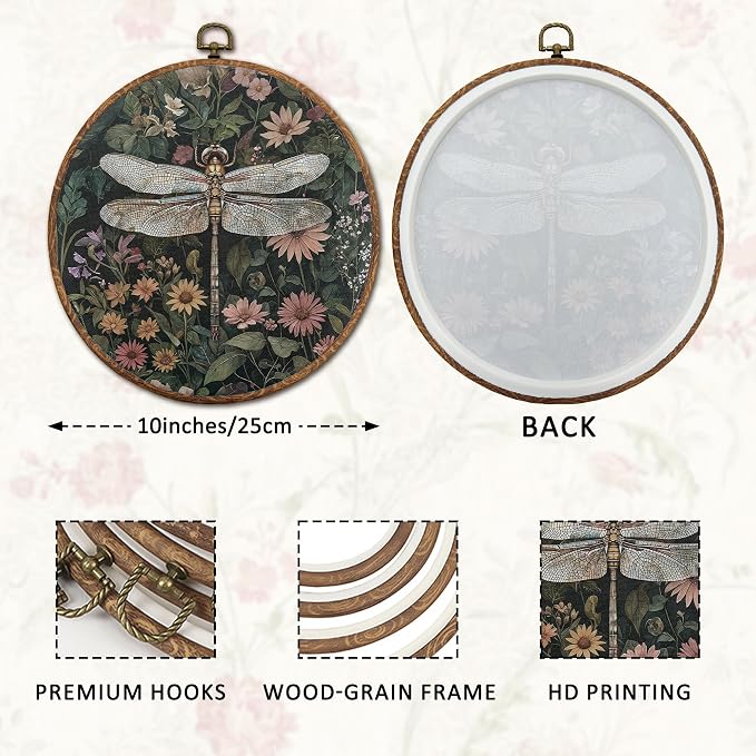 DOFQZ Vintage Boho Floral Dragonfly Round Wall Art Decor, Dark Cottagecore Wildflower Framed Wall Art, Rustic Botanical Dragonfly Canvas Wall Hanging Decor for Home Bedroom Living Room, 10x10
