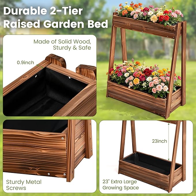 2-Tier Elevated Raised Garden Bed, 36" H Fir Wood Planter Box with 23" Large Growing Space, Drainage Holes & Non-Woven Liner, Outdoor Flower Bed & Herb Garden Planter for Patio Balcony Backyard