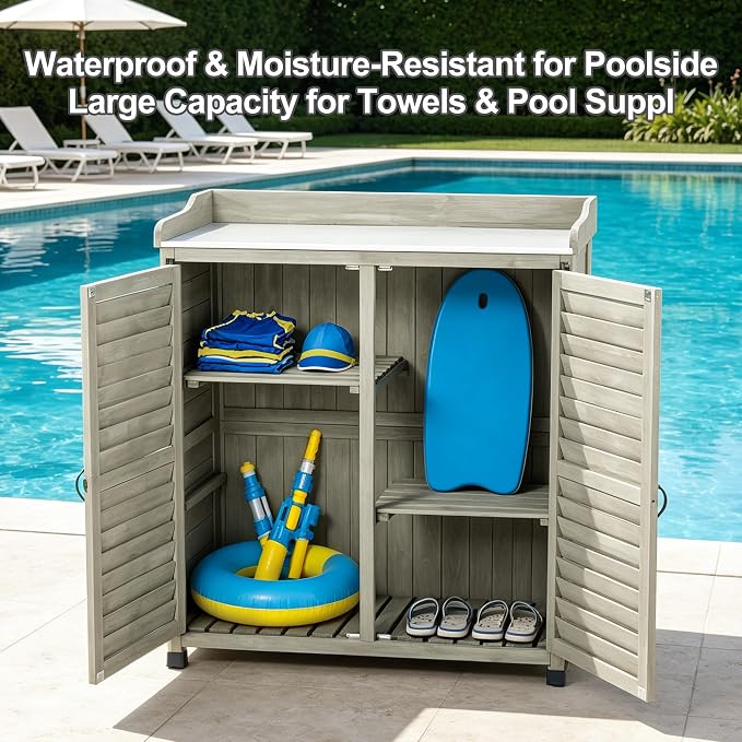 Outdoor Potting Bench with Metal Work Top,Waterproof Garden Storage Cabinet,Wooden Tool Station Shed for Backyard,Patio,Lawn Gardening
