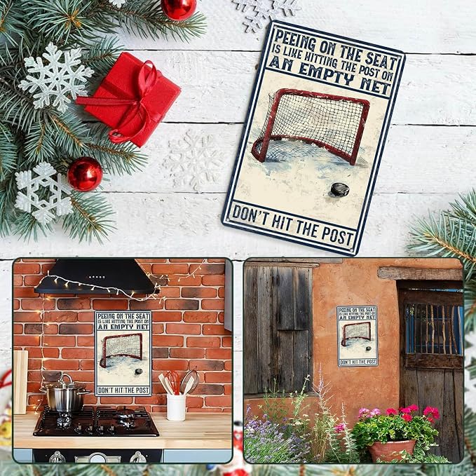 Metal Tin Sign Funny Hockey Wall Decorate Don't Hit The Post Sign for Home Man Cave Garage Bar Basement Decor 8x12Inch