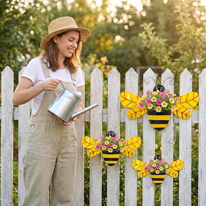 3 Pcs 20 Inch Metal Bee Wall Pocket Planter, Rustic Decorative Wall Hanging Planter for Indoor & Outdoor, Flower Plant Pot for Garden Yard Patio Balcony & Fence, Black & Yellow, Set of 3