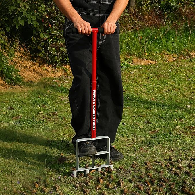 Lawn Aerator Tool, Manual Core Aerator Lawn Tool with 4 Tapered Tubes, Heavy-Duty Steel Grass Plug Aerator & Soil Loosener for Effortless Lawn Aeration, Thatch Removal & Yard Care