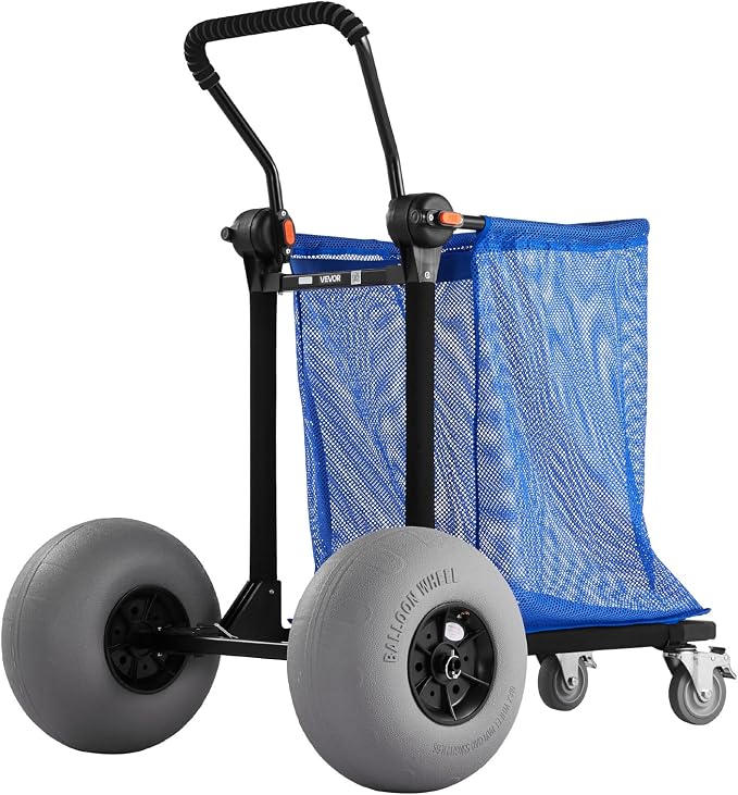 VEVOR Beach Cart with Large Wheels for Sand, 165 lbs Load Capacity, Heavy Duty Folding Beach Wagon with 12" Balloon Wheels, Storage Bag, 180° Adjustable Handlebar, Dolly for Camping Fishing Garden
