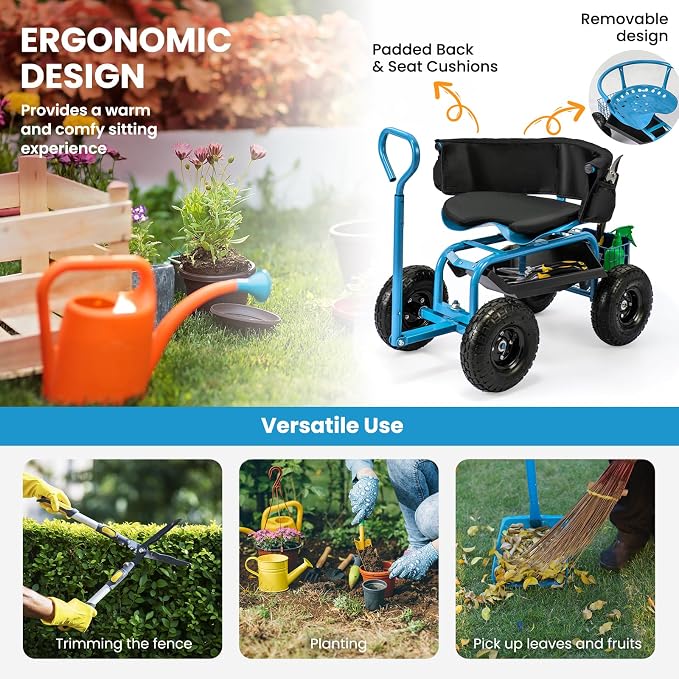 Byroce Rolling Garden Cart with Seat, Heavy Duty Wheelbarrow Utility Cart with Metal Frame, Swivel Seat, Tool Tray, Storage Basket & Adjustable Handle, Outdoor Garden Wagon Scooter for Yard (Blue)