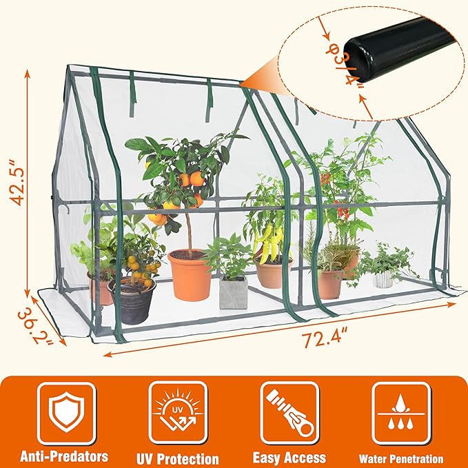 Gardzen Mini Greenhouse with Zipper Mesh Cover, Steel Frame Portable Outdoor Greenhouse, Enhanced Ventilation, Ideal for Spring, Summer & Fall 71.7"(L) x36.2(W) x42.5(H)