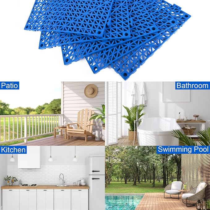 MYFAMIREA Modular Interlocking Cushion 12 Pack 11.8" x 11.8" Rubber Floor Tiles Non-Slip Splicing Drainage Mats for Deck, Pool, Outdoor Shower, Patio, Balcony, Indoor Bathroom, Kitchen (Gary Blue)