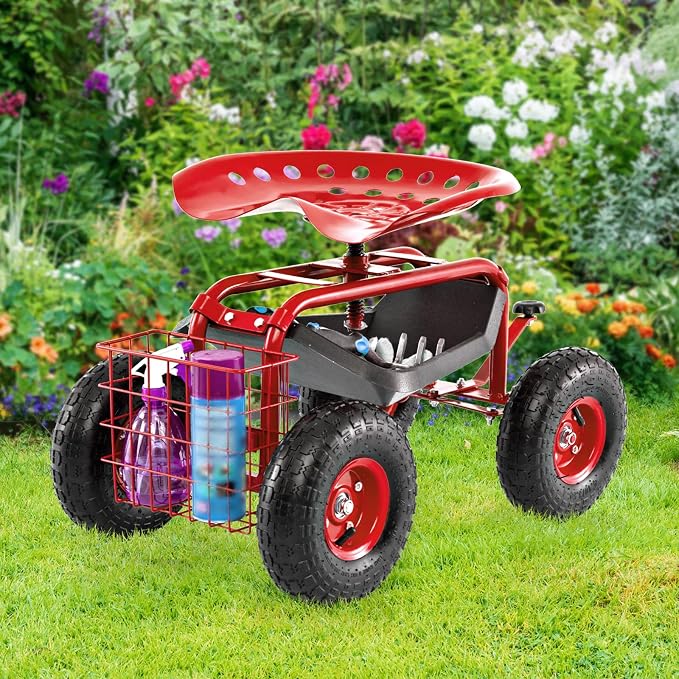 Goplus Garden Seat with Wheels, Rolling Garden Cart with 360 Degree Swivel Seat for Planting, Gardening Stool w/Tool Tray, Basket, Gardening Chair Workseat, Patio Wagon Scooter for Seniors