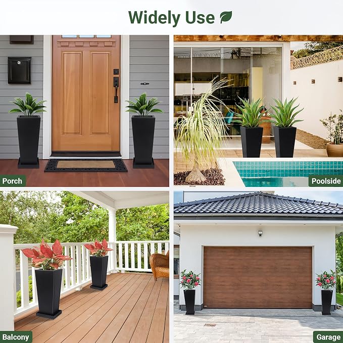 20" Metal Tall Outdoor Planters Set of 2, Durable & Wealtherproof | Tall Planters with Drainage Insert Shelve & Trays, Black Outdoor Planters for Porch, Garden, Yard