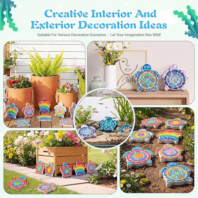 Lewtemi 8 Pcs Paint Your Own Stepping Stones for Craft, DIY Plaster Stepping Stones Garden Decor Painting Art Set for Art Class, Summer Activities & Home Decor (Turtle)