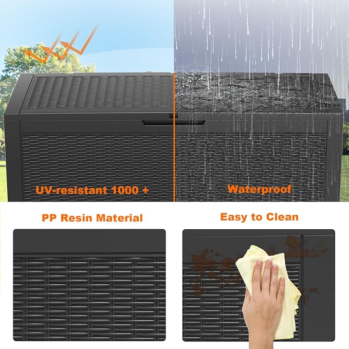 120 Gallon Outdoor Storage Box Waterproof, Resin Lockable Deck Box with Lid, Large Capacity Weatherproof Container for Patio Furniture Pool Accessories, Cushions(Black, 120 Gallon)