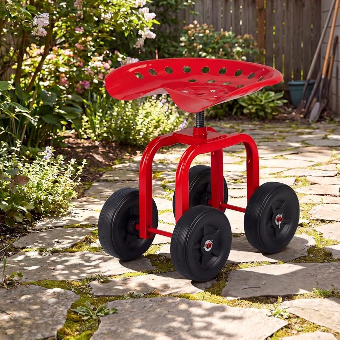 IRONMAX Garden Cart with Seat, Gardening Rolling Stool Scooter with Wheels & Ergonomic Seat for Planting, Wheeled Outdoor Gardening Work Seat for Patio, Yard, Garden (Red)
