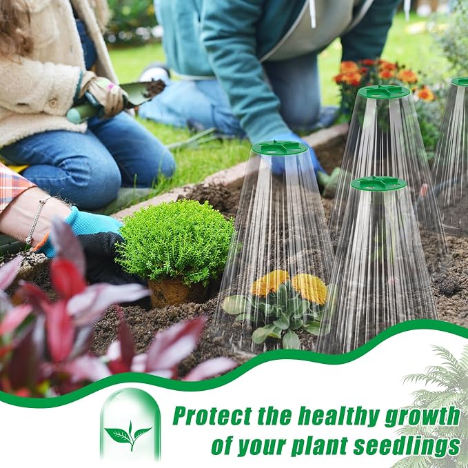 UQM 50 Pack Garden Cloches for Plants, Reusable Bell Plant Protector with Rotary Vent Cover, Garden Protection from Animals Snails Birds Chickens Insect, 9.44" H X 8.07" D (Clear)