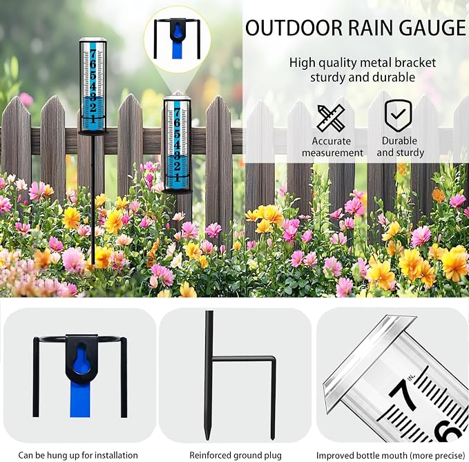 Rain Gauge Outdoor, Freeze Proof Rain Gauges Outdoors Best Rated, Upgraded Accurate Rain Measure Gauge for Yard, Thickened Plastic Rain Meter with Stake, Large Font Water Gauge, Adjustable Height