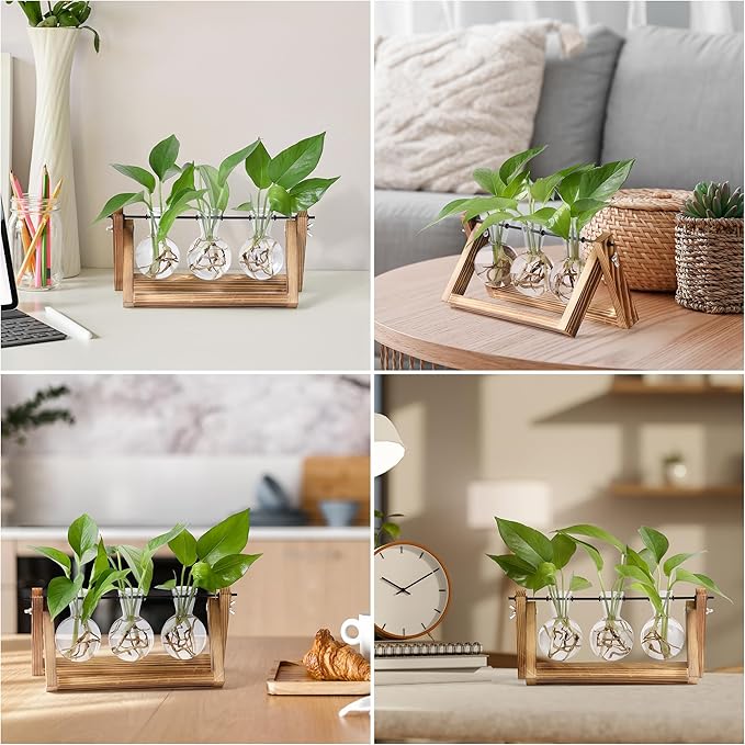 YIBOT Plant Propagation Stations with Wooden Stand & 3 Glass Bulb Vases | Plant Terrarium for Indoor Plants, Home Office Desk Decor, Gardening Gifts for Women Mom, Birthday Gifts for Plants Lovers