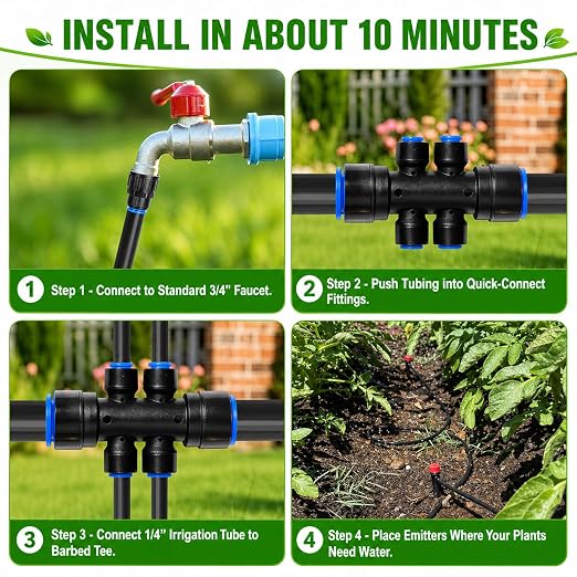 Drip Irrigation System Kit 36FT, Garden Watering System Drip Irrigation Kit with Quick-Connect 1/2'' & 1/4'' Tubing, Adjustable Drippers & Sprayers, Irrigation System for Garden, Lawn, Greenhouse