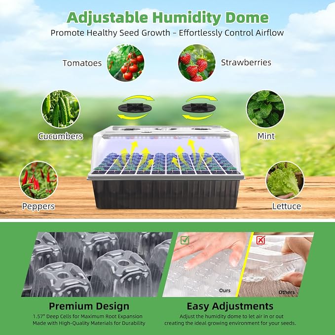Seed Starter Tray with Grow Light, 2 Pack 120 Cells Seedling Tray Kit with 3-in-1 Soil Moisture Meter, Indoor Seedling Starter Tray for Plant Germination, Seeds Growing
