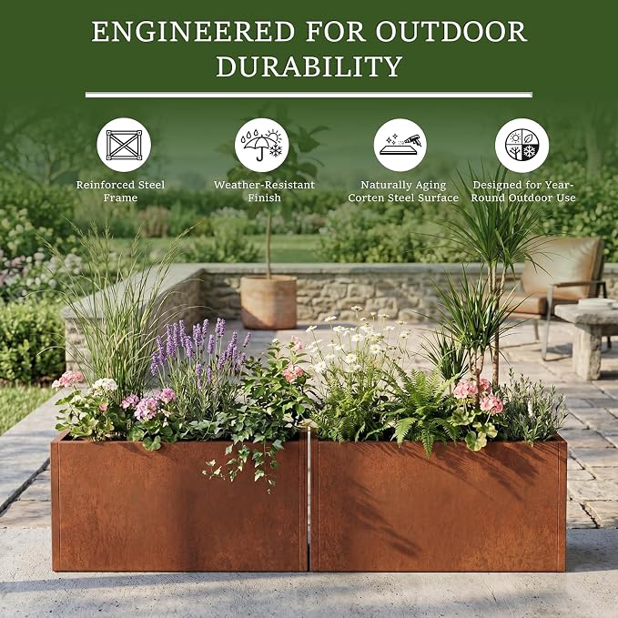32 Inch Corten Steel Planter Box for Outdoor Plants, Large Rectangular Weathering Steel Planter with Drainage Holes, Metal Planter Box for Patio, Porch, Balcony, Backyard & Garden