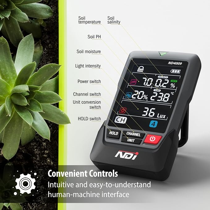 NDI Multifunctional Soil Meter,up to 5 Probe with Wireless Transmission,pH, Salinity, Temperature,Light Intensity with Acoustic Wave Growth Assistance, for Gardening, Landscaping, and Soil Testing
