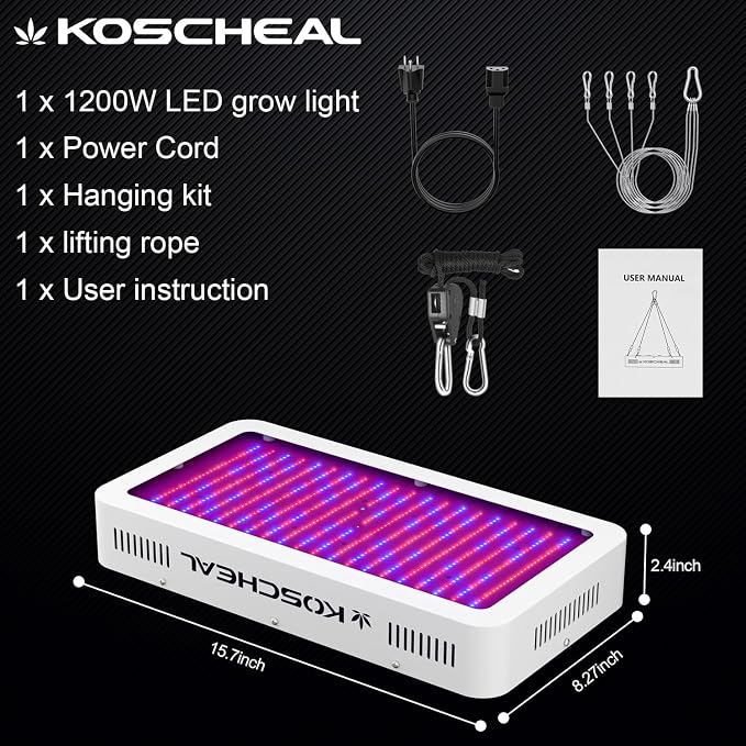 KOSCHEAL KS2000 230W LED Grow Lights for Indoor Plants, 2.8 µmol/J Full Spectrum Plant Light with UV & IR, Veg/Bloom Switches & Daisy Chain for 4x4 / 3x4 ft Grow Tent