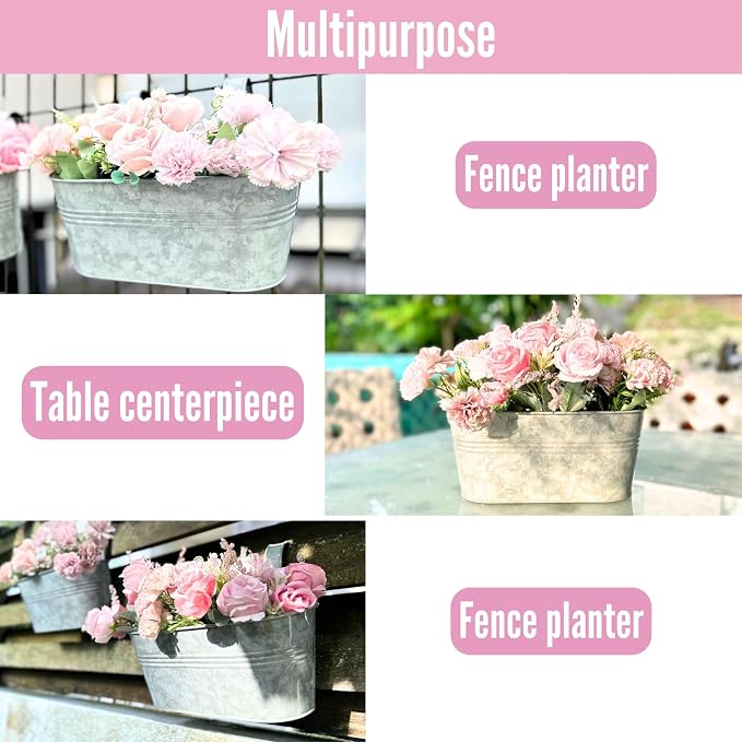 LaLaGreen Outdoor Plants Rail Planter (15 Inch, 4 Pack) Silver Metal Iron Hanging Flower Pot Deck Railings Fence Bucket Modern Boho Style Wall Mount Window Box Plant Wall Hanger Hooks Porch Home Decor