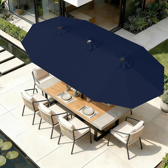 AreShark 13 FT Patio Umbrella with Solar Lights, Double-Sided Outdoor Table Umbrellas with Crank, Large Rectangular Market Umbrella for Porch, Lawn, Pool, Backyard, Navy