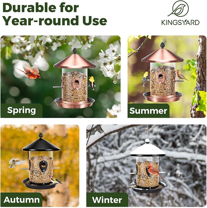 Kingsyard 4.5-Cups Large Metal Bird Feeders for Outdoors Hanging with 8 Ports, Tube Bird Feeder with Seed Tray, Weatherproof Chew Proof Roof for Cardinal Finch, Copper