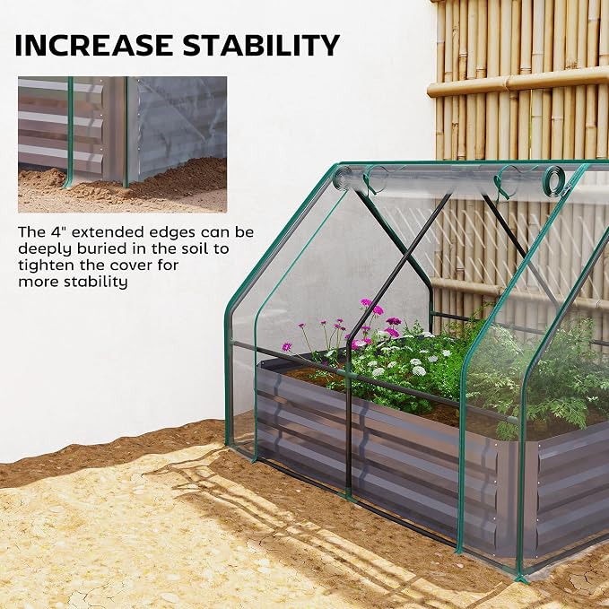 Outsunny 4 x 3ft Metal Planter Box with Mini Greenhouse, Galvanized Raised Garden Bed with Cover for Herbs and Vegetables, Small Greenhouse for Patio Garden Balcony, Clear and Dark Gray