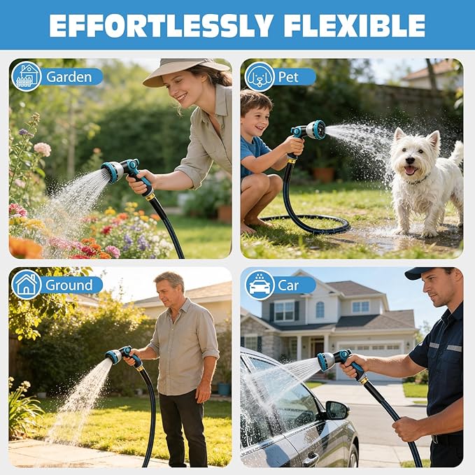 Halfjuly Garden Hose 25FT, Flat Non-Expandable Lightweight Water Hose, Durable Flexible Heavy Duty No Kink Design with 3/4" Fittings, 10 Way Spray Nozzle for Outdoor Yard Lawn