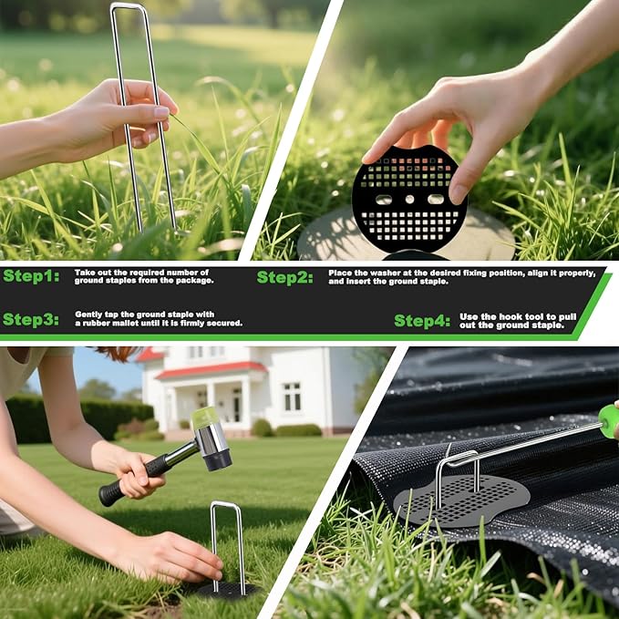 6 Inch Landscape Staples Set, 11 Gauge Galvanized U-Shaped Garden Stakes (50 Pack) with Gaskets, Hook Tool & Rubber Mallet for Weed Fabric & Landscaping