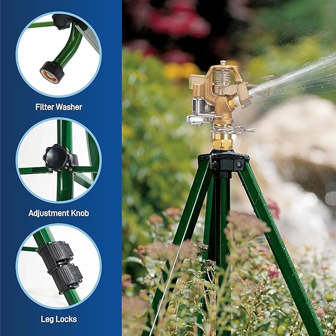 Orbit 1/2 Inch Brass Impact Sprinkler - Adjustable Metal Tripod - Long Range Lawn Watering System - 360 Degree Rotating Sprinkler - Heavy Duty Irrigation System - Adjustable 22-48 Inch Height - 58308