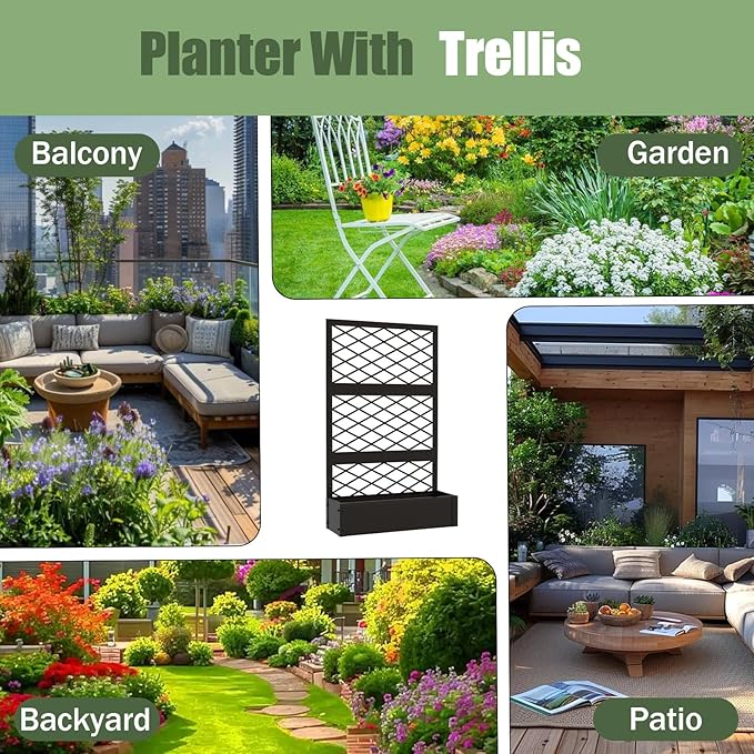aboxoo 59 inch Metal Planter Planter Box with Privacy Screen Trellis Outdoor Raised Garden Bed Standing Garden Flower Bed with Drainage Holes(Black)