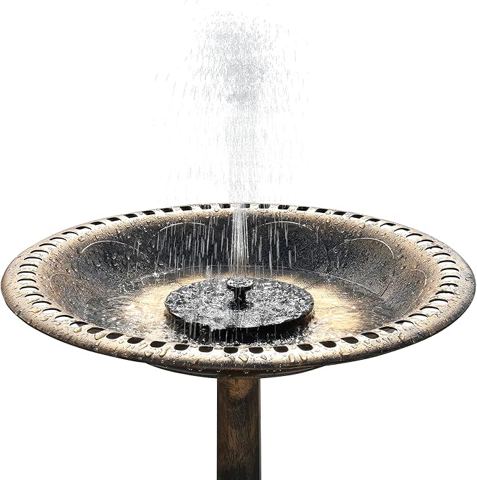 VINGLI 28 Inch Bird Bath with Solar Fountain Antique Copper Weather Resistant Resin Pedestal Birdbaths Floral Accents and Vintage Finish Garden Decor for Outdoor Lightweight Courtyard…