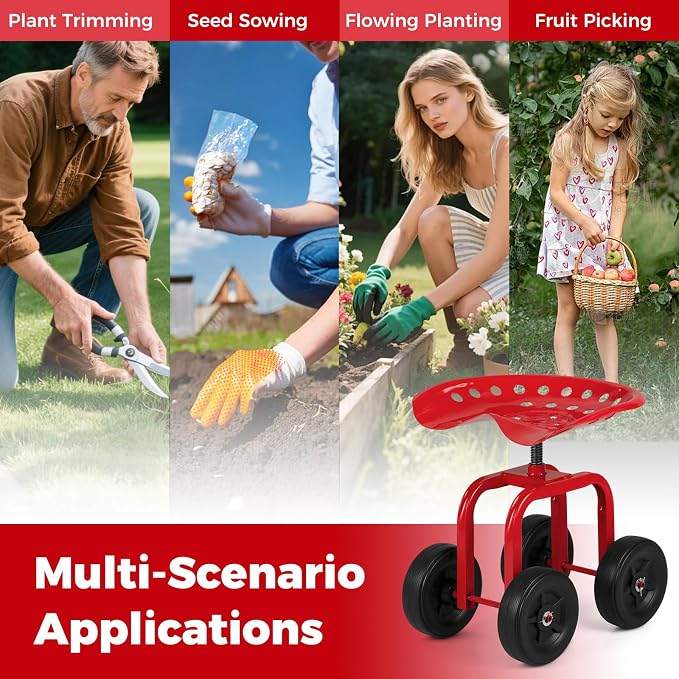 Giantex Garden Cart, Rolling Workseat with 4 Wheels, Garden Stool 360° Swivel Work Seat & Adjustable Height, Heavy Duty Wagon Scooter for Gardening for Patio Garden, Lawn, Yard (Red)