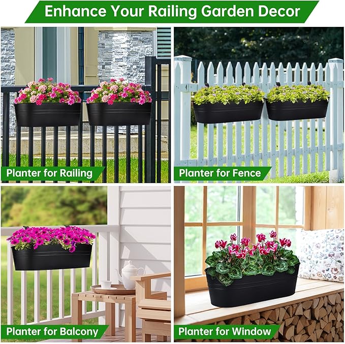 OGIMA Railing Planter Box, 3 Pack 16" Large Hanging Planters for Outdoor Plants with Detachable Wide Hooks for 2.7'' Railings, Balcony Planters Railing Hanging for Deck, Fence & Patio Decor