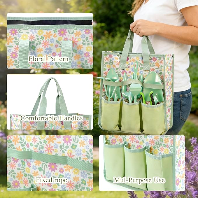 Gardening Tools 9-Piece Heavy Duty Gardening Hand Tools Set (Green), Stainless Steels and Reinforced Garden Supplies Kit, Durable Flower Garden Tools Organizer Handbag, Ideal Garden Gifts for Women