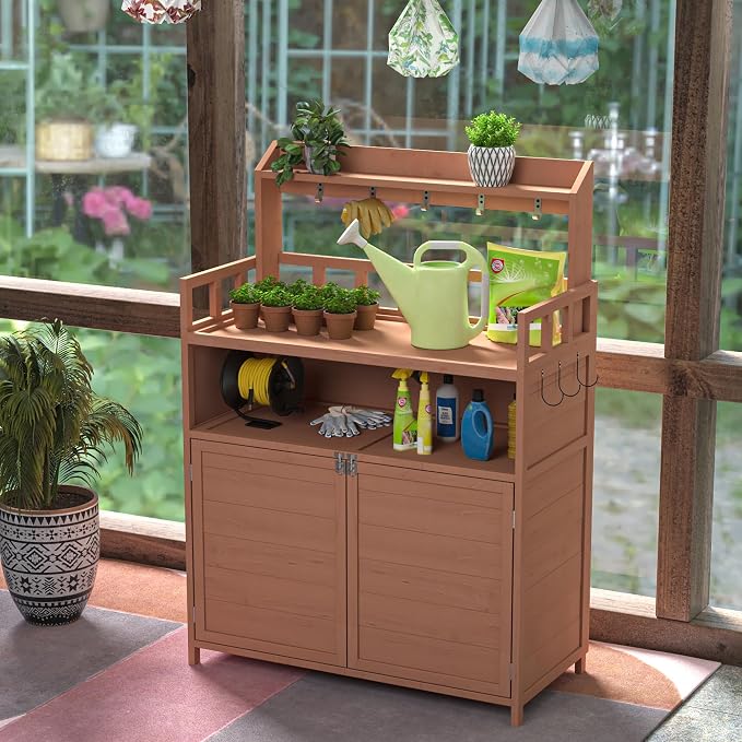 Outdoor Potting Bench with Storage,Wood Gardening Table for Planting,Outside Patio Garden Work Tables with Large Storage Cabinet & Top Shelf