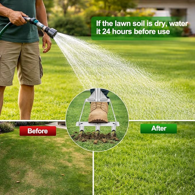 Lawn Core Aerator, Heavy-Dut Stainless Steel Lawn Plug Aerator Tool with 3 Hollow Tines, Triangular Welded Base, Semi-Assembled Grass Lawn Aerator for Lawn, Lawn Care Coring Soil Aerator
