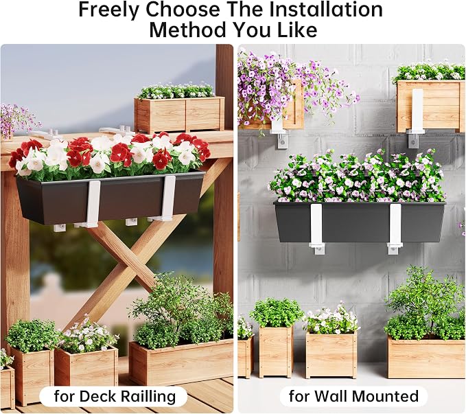 Y&M 6 PCS Adjustable Window Box Brackets for Planter Box, Heavy Duty Wall Mounted Hooks Hangers for Flower Baskets Holder White Steel Mounting Durable, Suitable for Fence Pergola Patio Garden Balcony