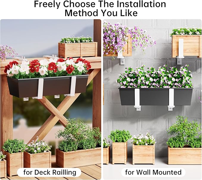 Y&M Adjustable Window Box Brackets Heavy Duty Iron Flower Box Planter , 2 Pack Universal Outdoor Hanging Brackets, White Steel Mounting Durable, Suitable for Fence Pergola Patio Garden Balcony