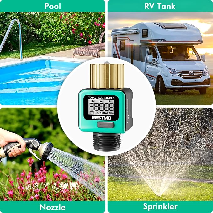 RESTMO Water Flow Meter with Brass Inlet Metal Thread, Measure Gallon/Liter Consumption and Flow Rate for Outdoor Garden Hose Watering, RV Water Tank Filling, Lawn Sprinkler and Nozzle Sprayer