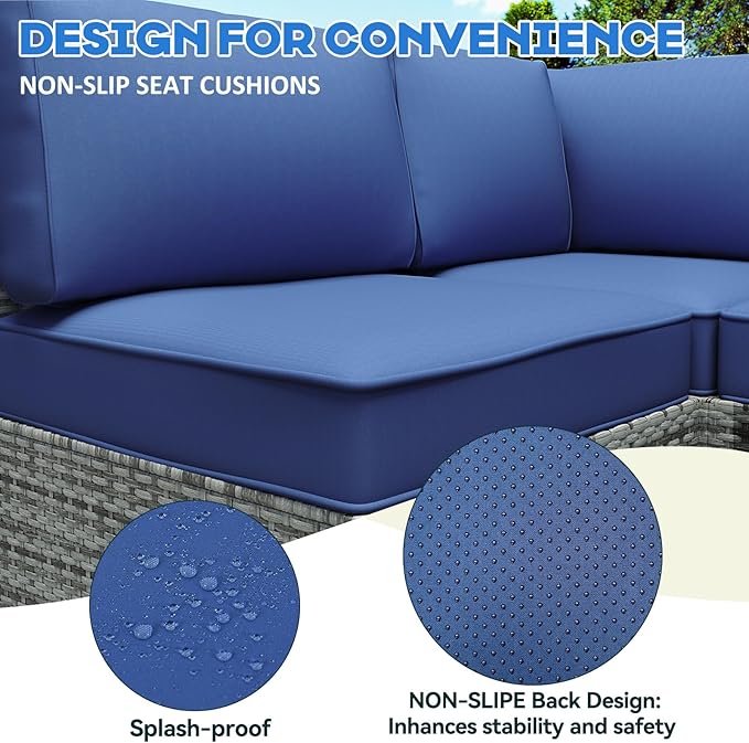 Outdoor Replacement Cushions for Patio Furniture,Water-Resistant Sofa Cushion for Rattan Wicker Sectional Patio Conversation Sets,14-Piece Outdoor Couch Cushion, Deep Blue